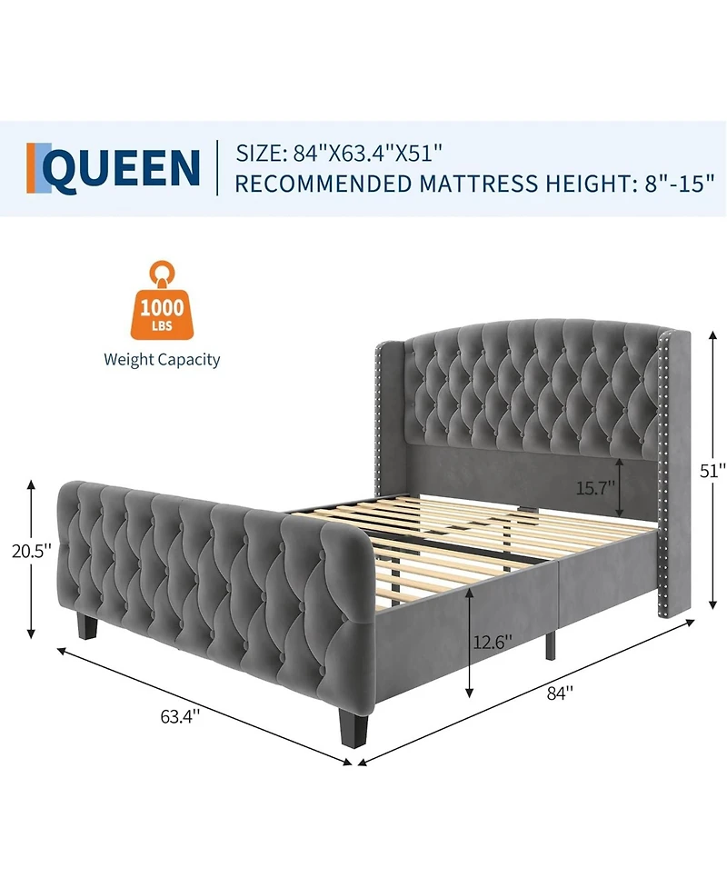 gaomon Queen Upholstered Deep Button Tufted Noise Free Wood Slat Platform Bed with Tall Wingback Headboard