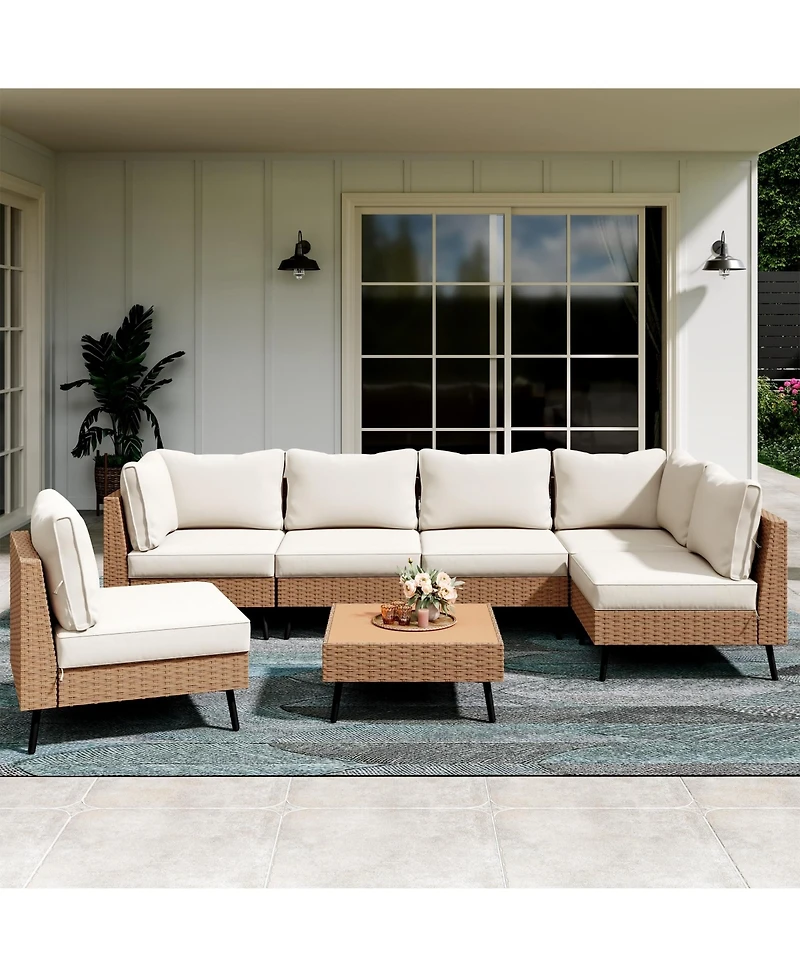 Decksplore 7 Piece Outdoor Sectional Sofa Pe Rattan Wicker Patio Conversation Sets, All Weather Patio Furniture Set