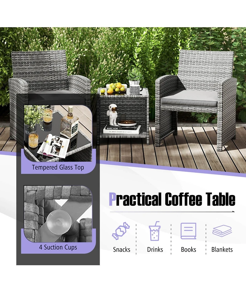 Costway 3 Pcs Patio Furniture Set with Tempered Glass Coffee Table & Soft Seat Cushions