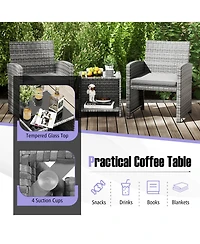 Costway 3 Pcs Patio Furniture Set with Tempered Glass Coffee Table & Soft Seat Cushions