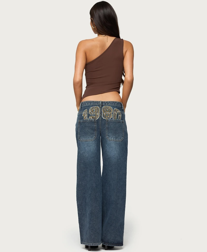 Edikted Womens 1980 Leopard Patch Low Rise Jeans