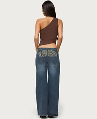 Edikted Womens 1980 Leopard Patch Low Rise Jeans