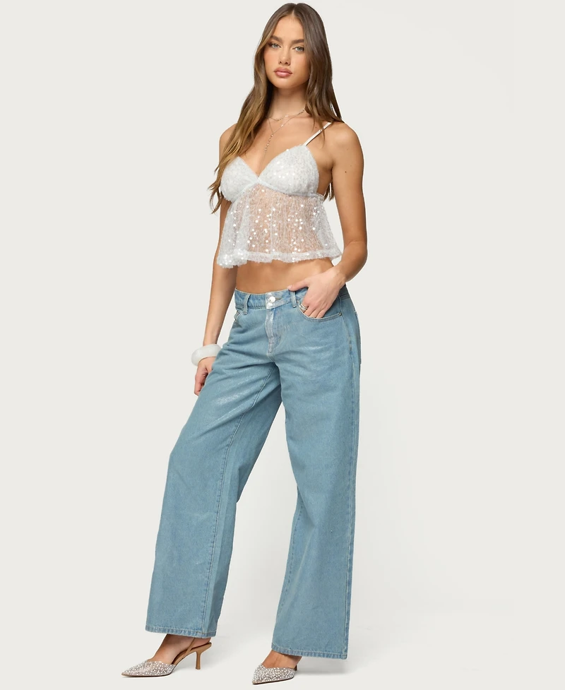 Edikted Women's Sheer Sequin Babydoll Tank Top