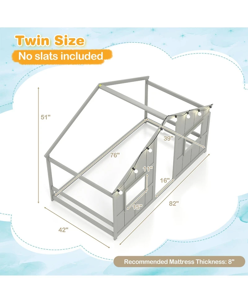 Slickblue Kids Twin Floor Bed, House-Shaped Design with Led Lighting