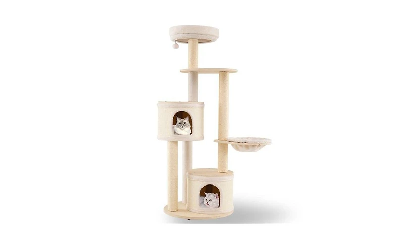 Aostirmotor Wood Cat Tree, 60-Inch Tall Multi-Level Tower with Sisal Scratching Posts & Condos, Sturdy Structure for Indoor Cats