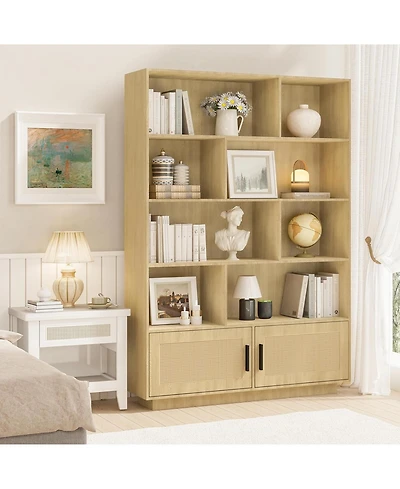 gaomon 5-Tier Boho Bookshelf – Wooden Bookcase with Rattan Doors, Tall Storage Book Stand, Large Freestanding Bookshelf for Living Room