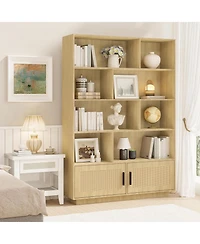 gaomon 5-Tier Boho Bookshelf – Wooden Bookcase with Rattan Doors, Tall Storage Book Stand, Large Freestanding Bookshelf for Living Room