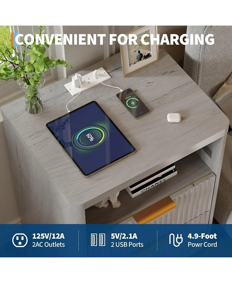 gaomon Fluted Nightstand with Charging Station, Mid Century Modern Nightstand