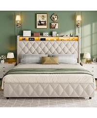 gaomon King Upholstered Platform Bed Frame with 4 Storage Drawers, Nailhead Trim Headboard, Led Lights & Charging Station
