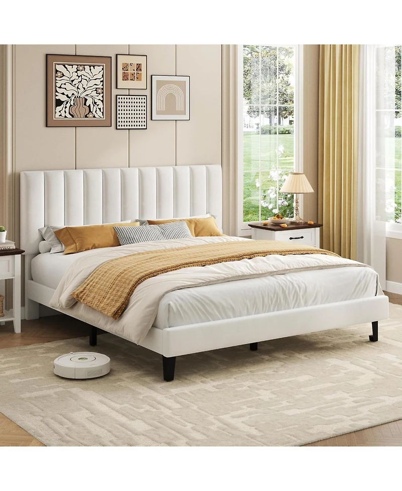 gaomon Full Size Bed Frame with Adjustable Height Headboard, Upholstered Platform Bed Frame with Vertical Channel Tufted Design