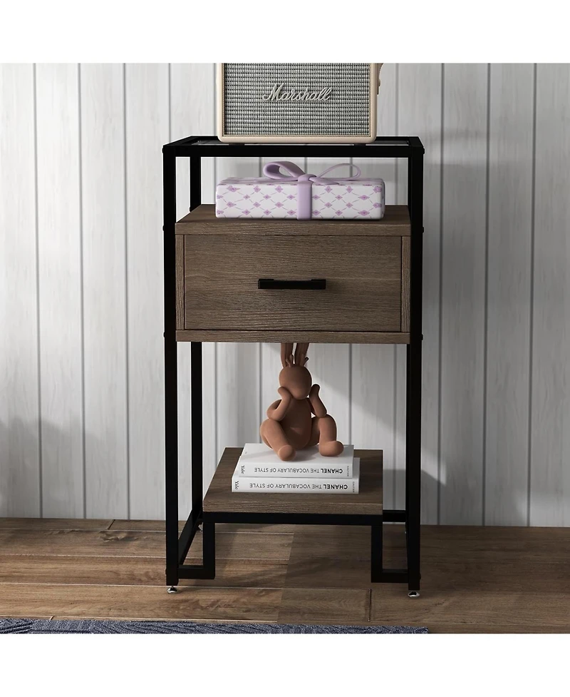 gaomon Nightstand, Mid Century Modern End Table with Storage Drawer and 3-Tier Storage & Tempered Glass Top, Bedside Furniture with Steel Frame