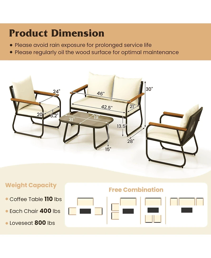 Patio Furniture Set with Tempered Glass Coffee Table Pe Wicker Rattan Chairs