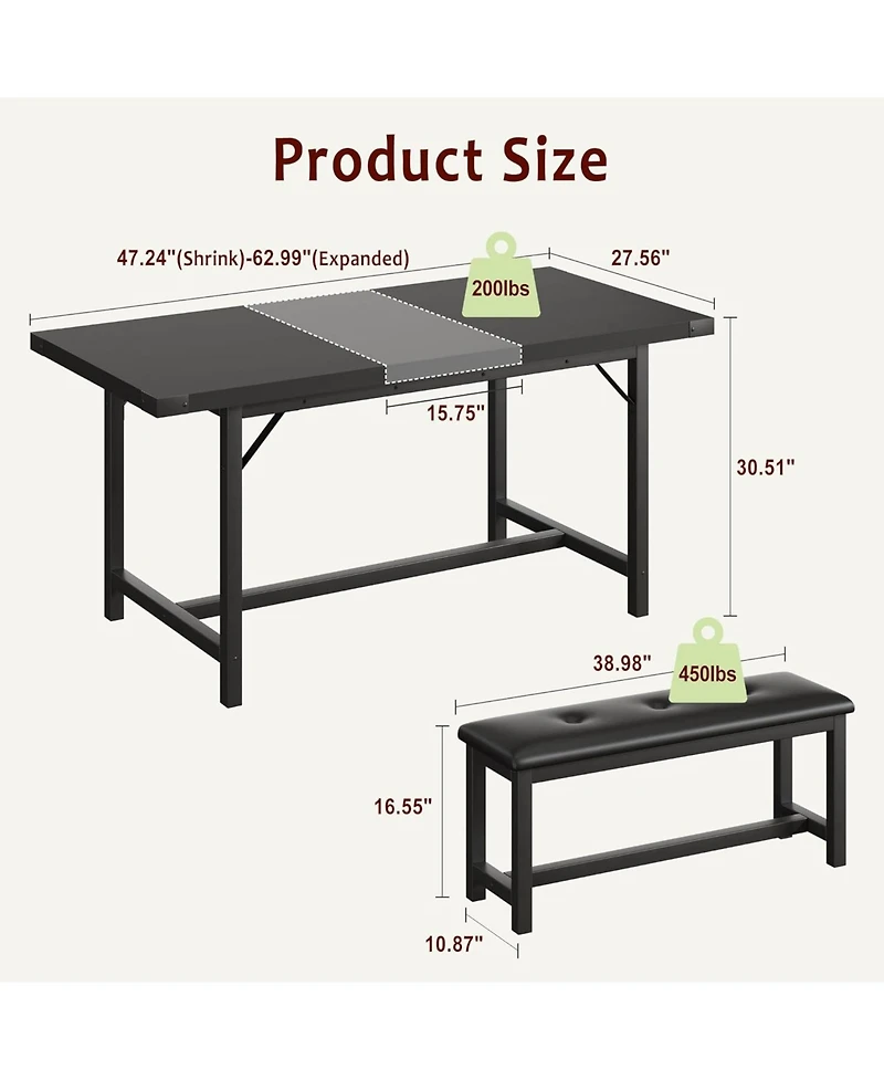 gaomon 3Pcs Dining Table Set for 4-6, 63" Extendable Thick Metal Frame Kitchen with 2 Upholstered Benches 6, Wooden Dinette