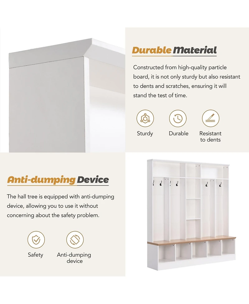 Clihome Wide Design Hall Tree with Storage Bench with 8 Hooks for Entryway