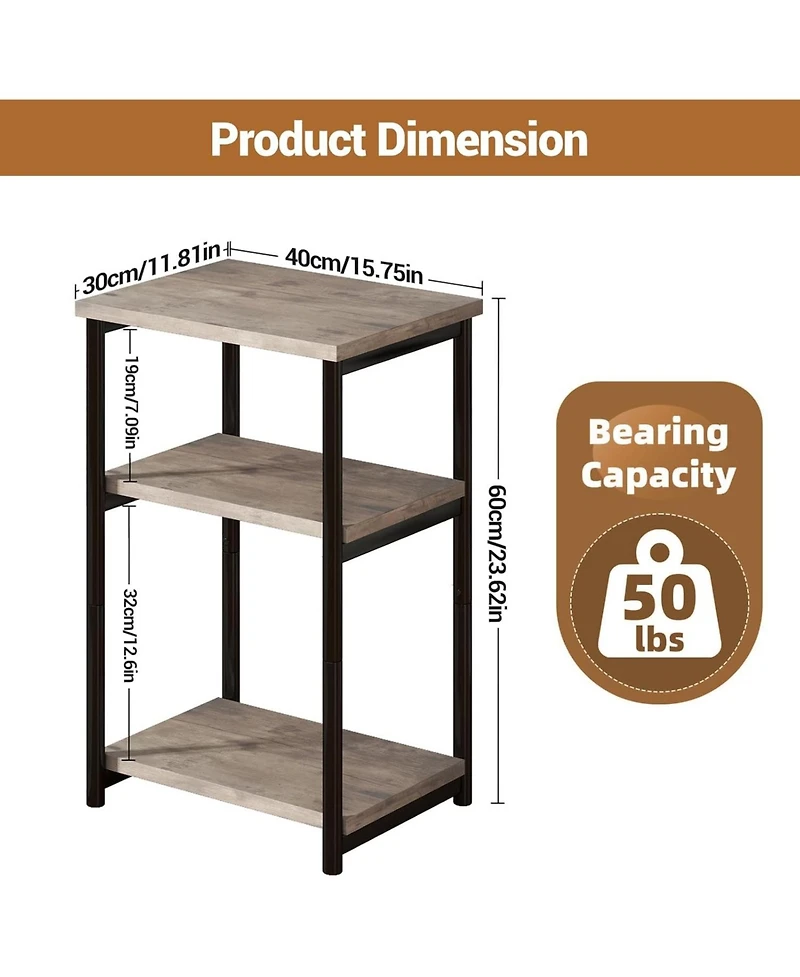gaomon Slim 3-Tier End Table with Storage Shelves, Narrow Mobile Side for Small Spaces, Industrial Wood & Metal Sofa Table, Record Player St