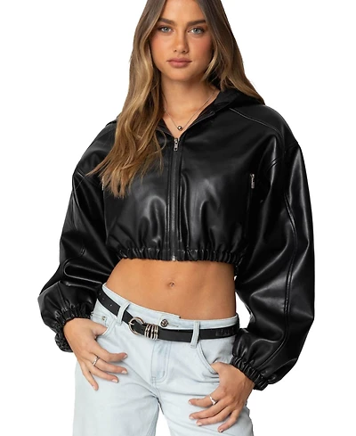 Edikted Women's Hooded Faux Leather Cropped Jacket