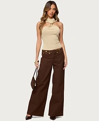 Edikted Women's Mixed Grommet Low Rise Wide Leg Jeans