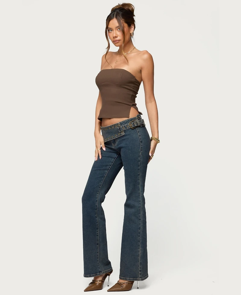 Edikted Women's Asymmetric Grommet Belt Low Rise Flared Jeans