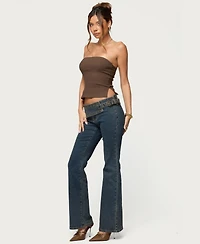 Edikted Women's Asymmetric Grommet Belt Low Rise Flared Jeans