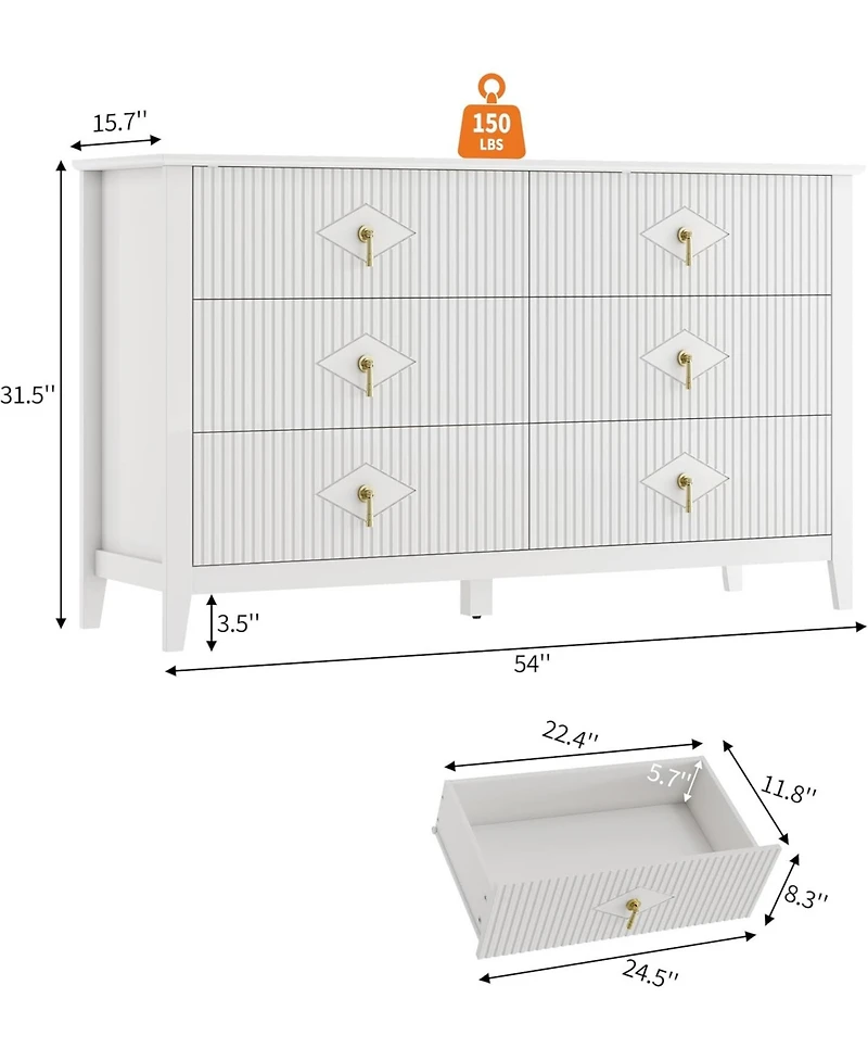 gaomon Dresser for Bedroom with 6 Drawers, 54 in Extra Wide Modern Chest of Drawers with Metal Handle, Dresser Tv Stand, Wood Organizer for Bedroom