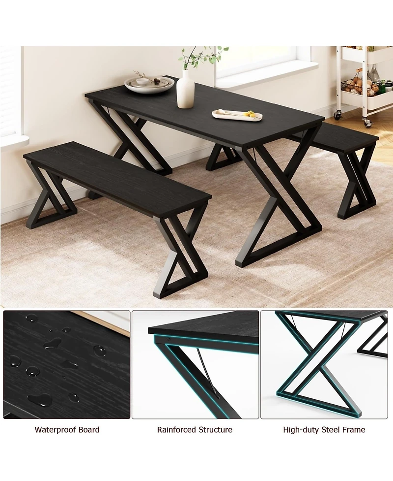 gaomon Kitchen Room Dining Table Set with Benches for 4, Sturdy Metal X Frame Space Saving