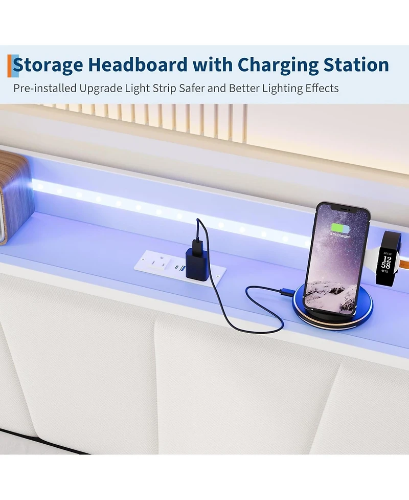 gaomon Daybed with Trundle and Led Light, Sturdy Metal Twin Size Bed Frame with Linen Upholstered Headboard and Charging Station, for Living Room