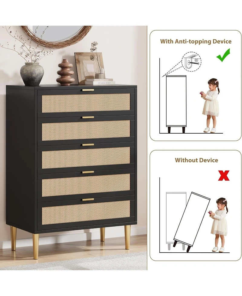 gaomon Rattan 5 Drawer Tall Dresser, Narrow Wooden Chest with Metal Legs & Handles for Bedroom