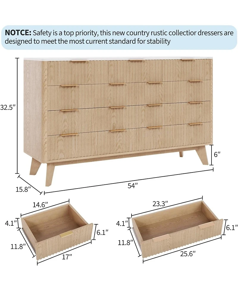 gaomon 54" Wide 9 Drawer Dresser,Wooden Chest of Drawers with Fluted Wave Pattern, Metal Handles, Modern Tv Stand Dresser