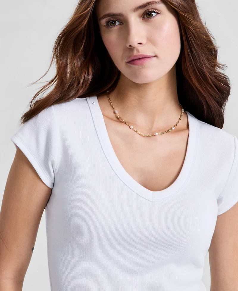 And Now This Women's V-Neck Rib-Knit Short-Sleeve T-Shirt, Macy's Exclusive
