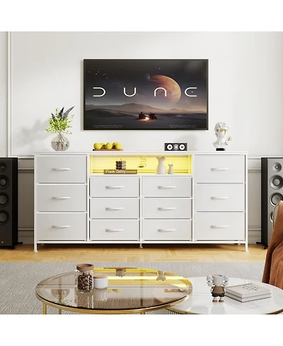 gaomon 63" Dresser Tv Stand for 65–75 Inch TVs, Fabric Chest of Drawers with Charging Station, Led Lights, Open Shelves & 12 Drawers