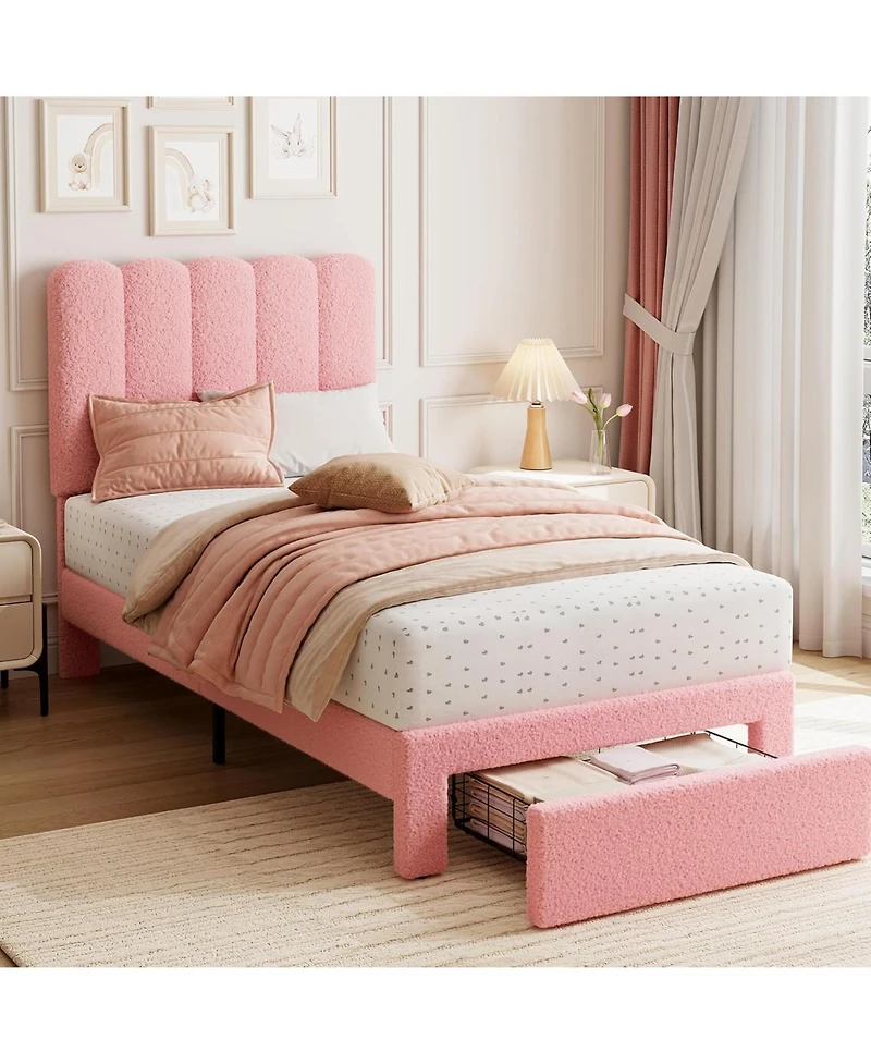 gaomon 2 Set Twin Bed Frames with Under Bed Drawers, Upholstered Platform Beds with Wave Headboards and Slat Support, No Box Spring Needed