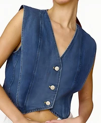 Modenaire Women's V-Neck Button-Front Angled Hem Denim Vest