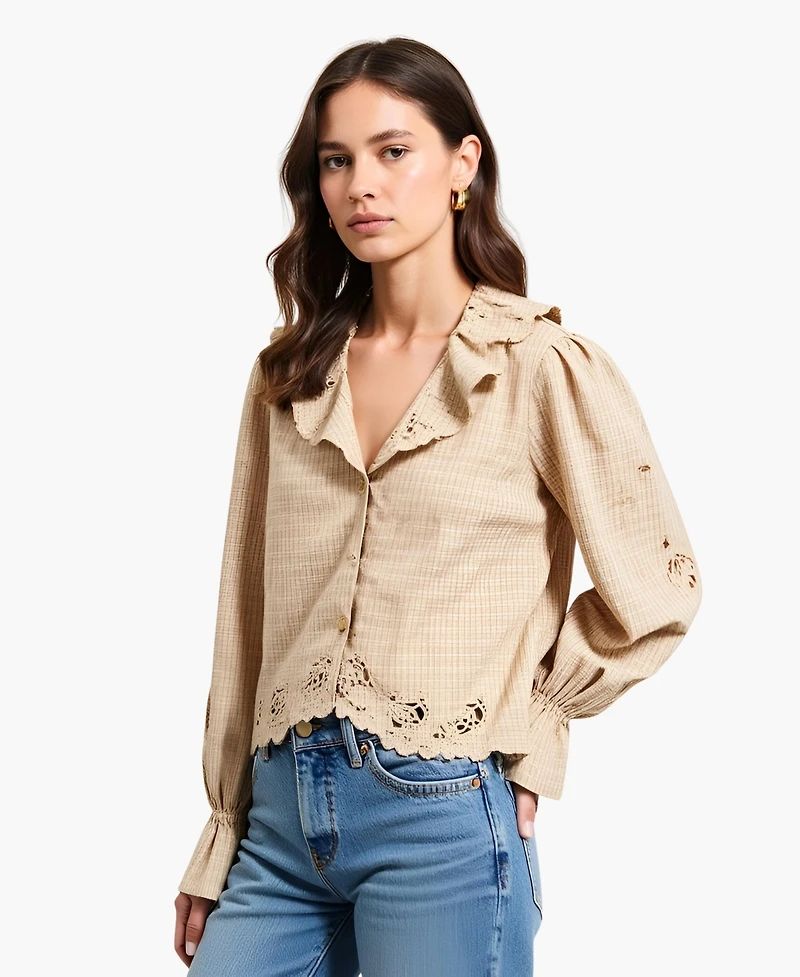 Modenaire Women's Florence Embroidered Ruffle Collar Puff Sleeve Blouse