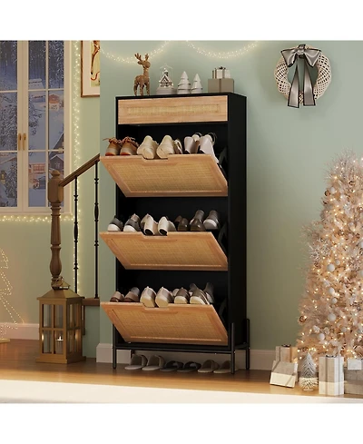 gaomon Rattan Shoe Storage Cabinet with 3 Flip Doors & 1 Drawer, Adjustable Shelf Freestanding Entryway Cabinet