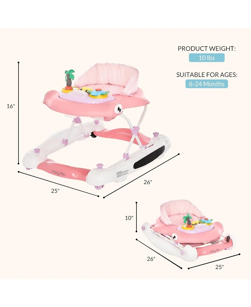 Dream On Me Baby Aloha 2-in-1 Foldable Walker with Adjustable Height, Music Tray, Padded Seat & Removable Mat (6–36m)