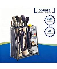 Yigii Heavy Duty Metal Golf Rack with 2 Bag Capacity, 3 Shelves & Adjustable Feet