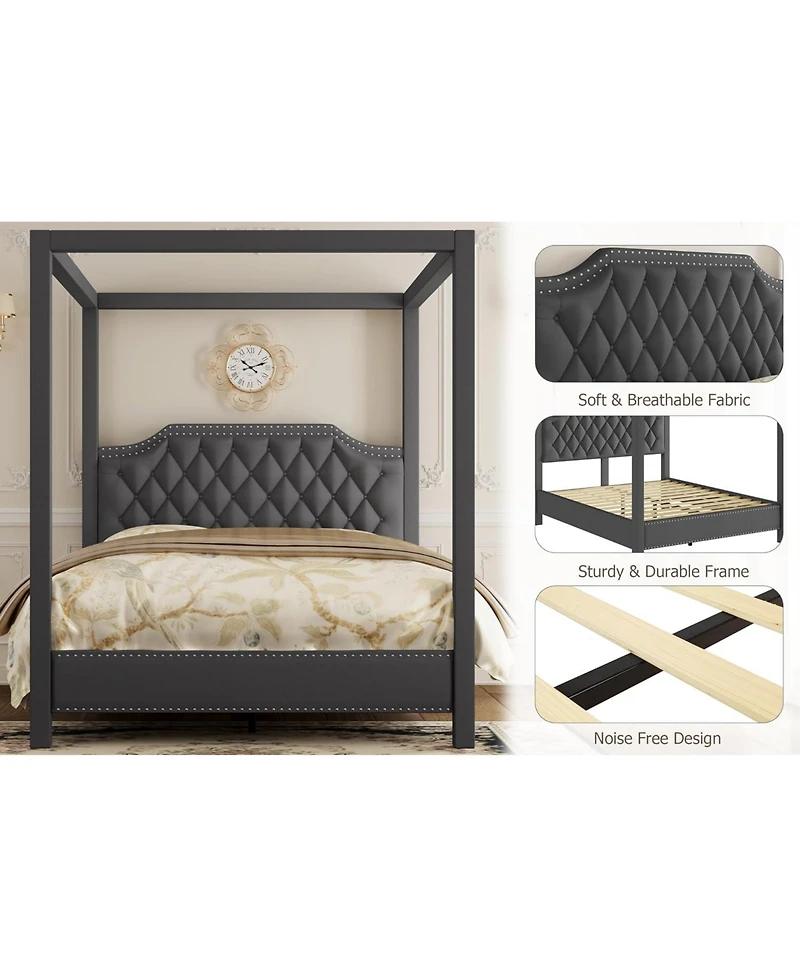 gaomon Upholstered Canopy Platform Bed, Button Tufted Headboard, Nailhead Trim, No Box Spring