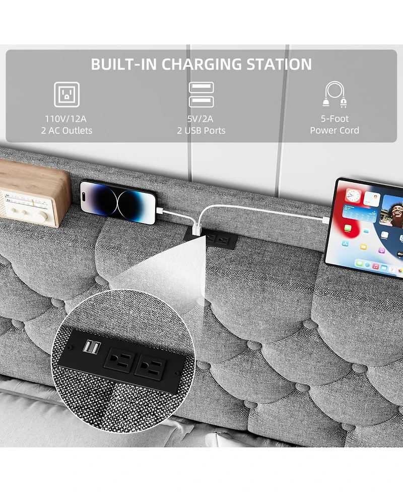 gaomon Frame with Charging Ports & Storage Shelf, Upholstered Platform Bed with Wingback Headboard, No Box Spring Needed, Easy Assembly
