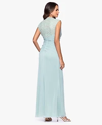 Betsy & Adam Petite Lace Trim Ruched Sleeveless Gown