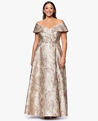 Xscape Plus Off-The-Shoulder Metallic Jacquard Ball Gown