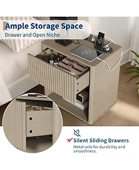 gaomon Fluted Nightstands Set 2, Side Tables with Charging Station & Led Light, Modern Mid Century End Table with Drawer
