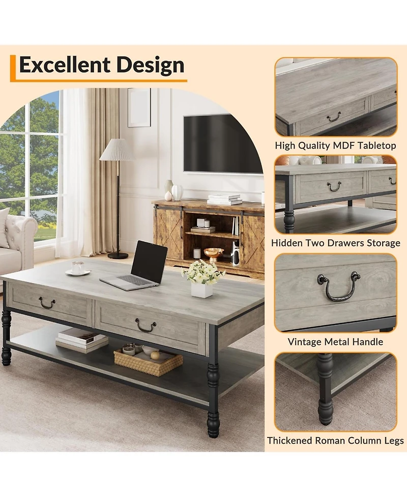 gaomon 41" Coffee Table with 2 Storage Drawers
