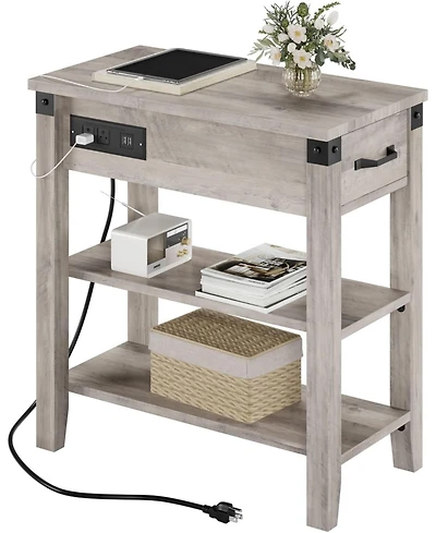 gaomon End Table with Usb Ports and Outlets, Flip Top Side Table Narrow Bedside Table with Drawer and Storage Shelves for Living Room