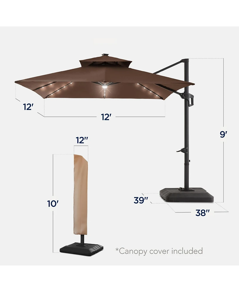 Best Choice Products 12x12ft 2-Tier Square Outdoor Solar Led Cantilever Umbrella w/ 360-Rotating Base –