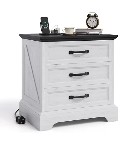 gaomon Modern Farmhouse Nightstand with Charging Station & 3 Large Drawers