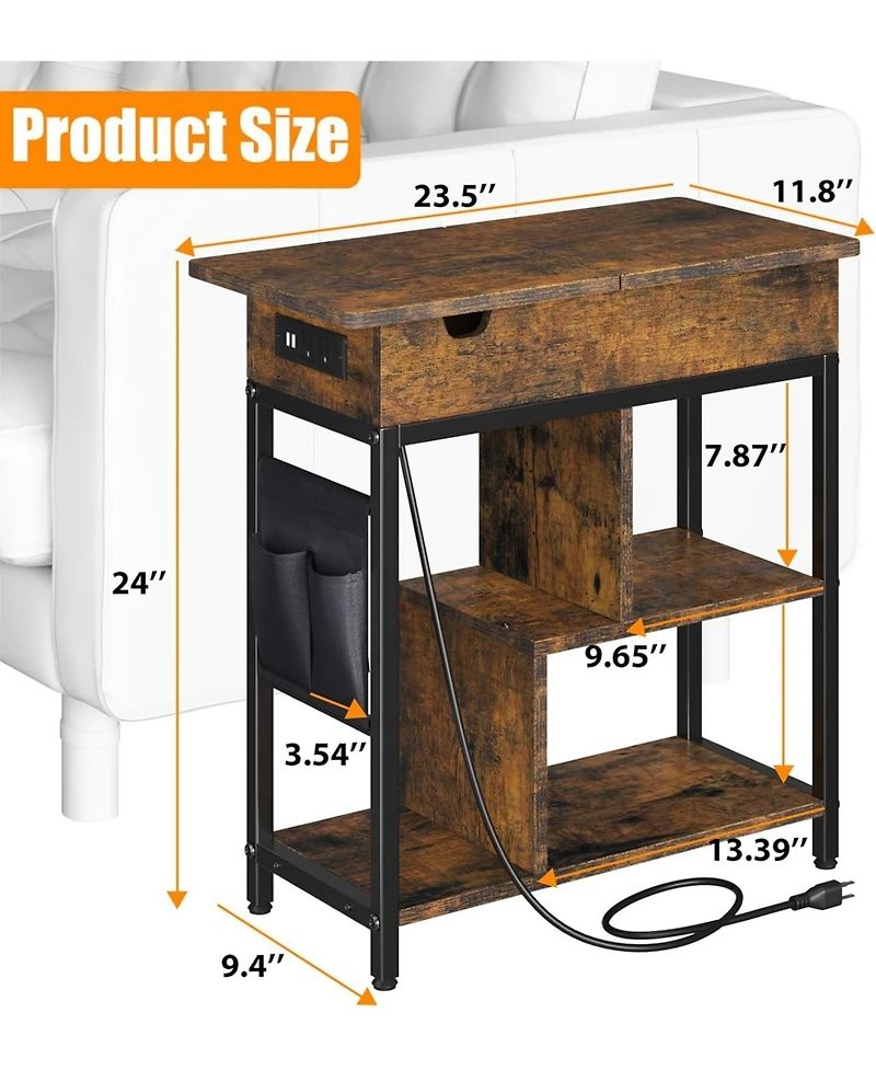 gaomon End Table with Charging Station, Flip Top Side Table with Usb Ports and Outlets, Bedside Table with Storage Shelft, Narrow Nightstand