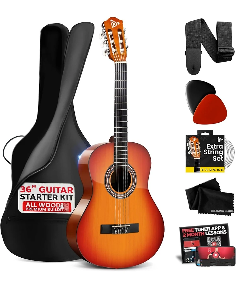 Pyle Beginner Acoustic Guitar Kit – 3/4 Junior Size 36” All-Wood Guitar with Full Accessories, Tuner App & Lessons