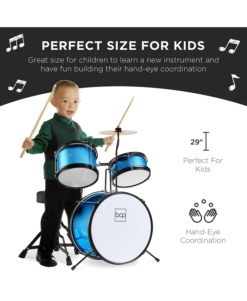 Best Choice Products Kids Beginner 3-Piece Drum, Musical Instrument Set w/ Sticks, Cushioned Stool, Drum Pedal
