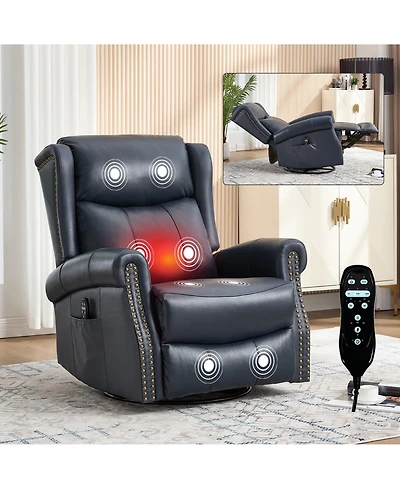 Clihome Heat Massage Manual Recliner Chair with Rocker and Swivel Genuine Leather for Living Room