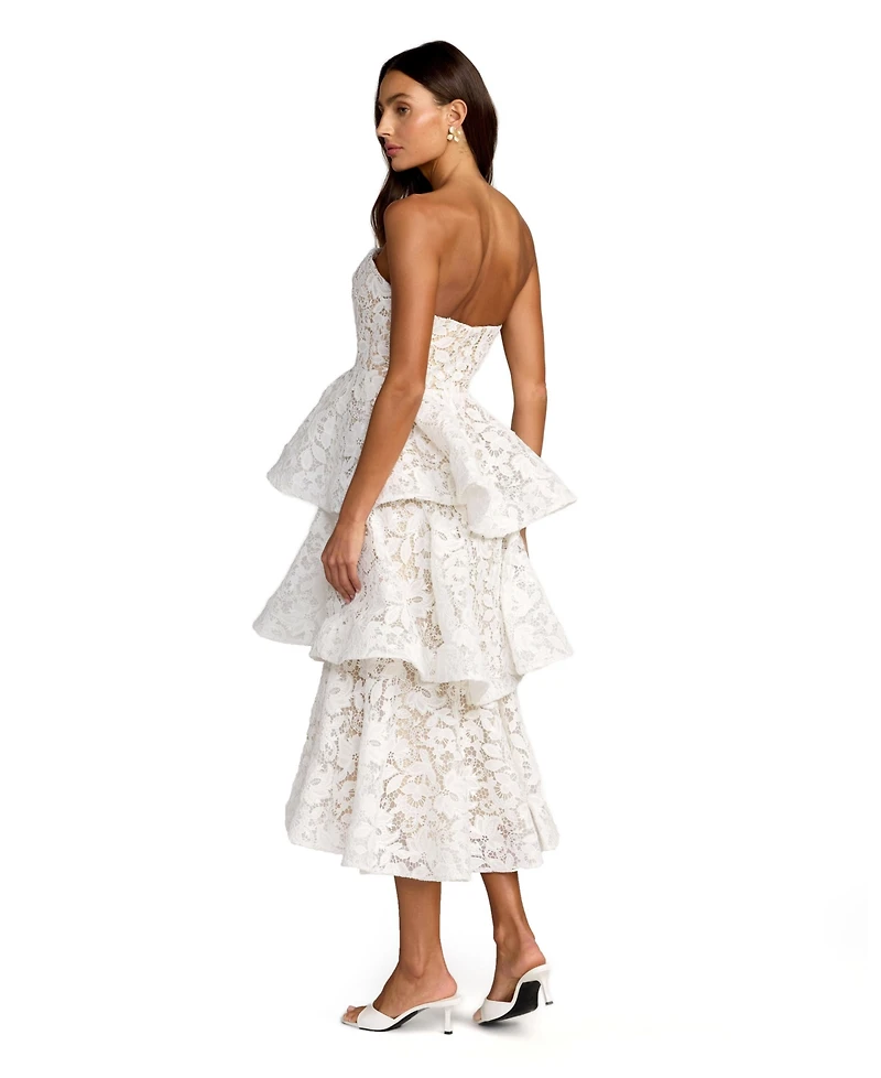 Mac Duggal Women's Strapless Lace Tiered Floral Detail Midi Dress